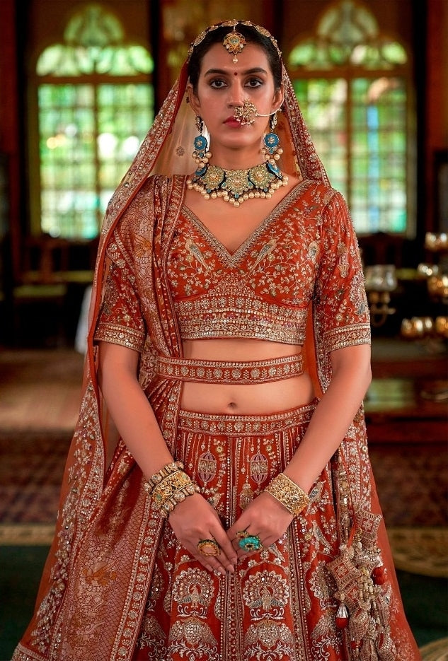 Trendy Rust Silk Bridal Lehenga