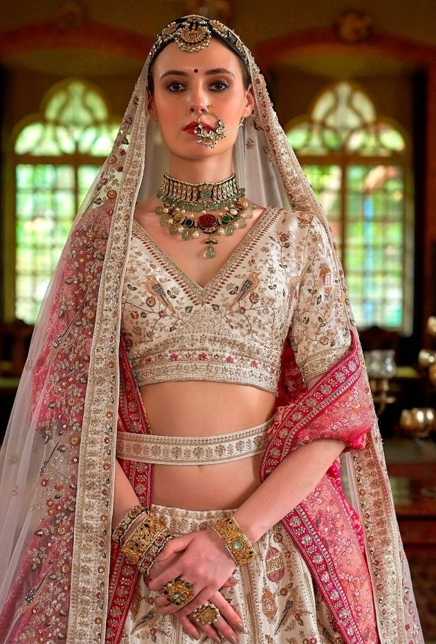 Flawless Cream And Pink Silk Bridal Lehenga