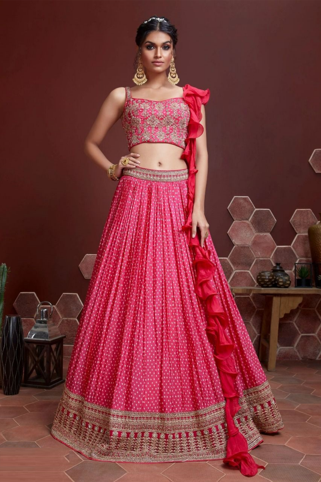 Glamorous Pink Chinon Silk Digital Print With Sequins Coding Embroidery Work Stylish Lehenga