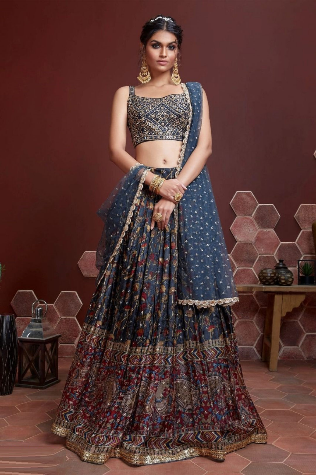Classy Navy Blue Chinon Silk Digital Print With Sequins And Embroidery Work Stylish Lehenga