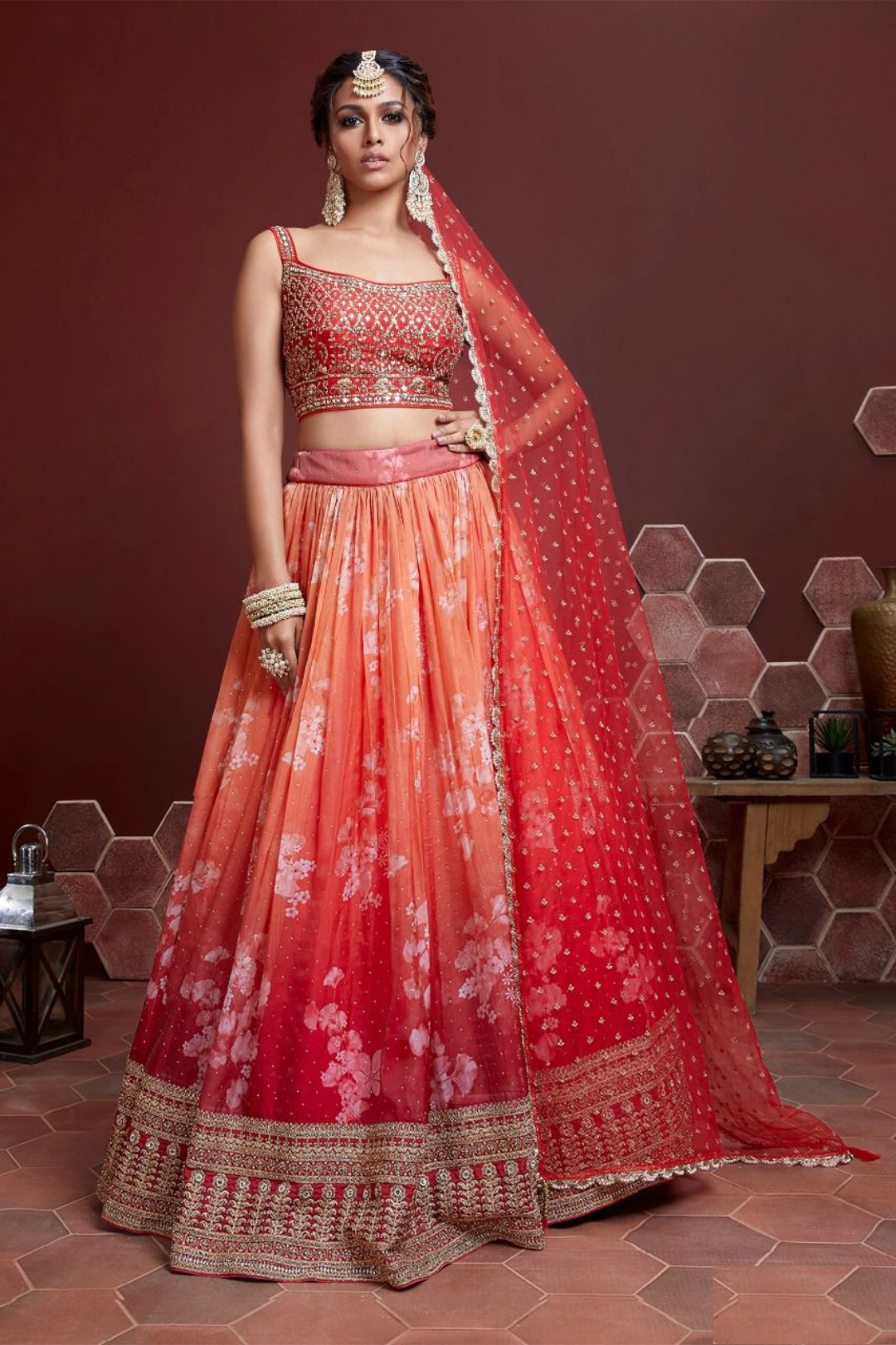 Stylish Orange And Red Silk Digital Print With Swarovski And Sequins Coding Embroidery Work Stylish Lehenga