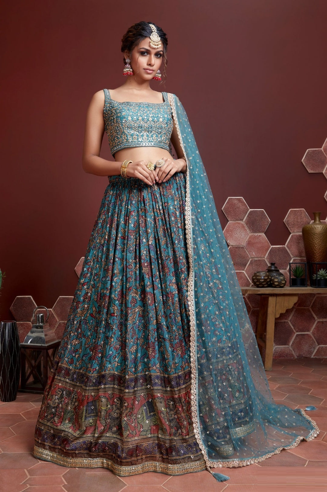 Vibrant Blue Chinon Silk Digital Print Embroidery Work Stylish Lehenga