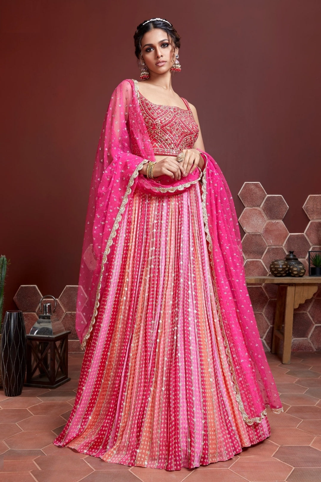 Understated Pink Chinon Silk Embroidery & Mirror Work Stylish Lehenga