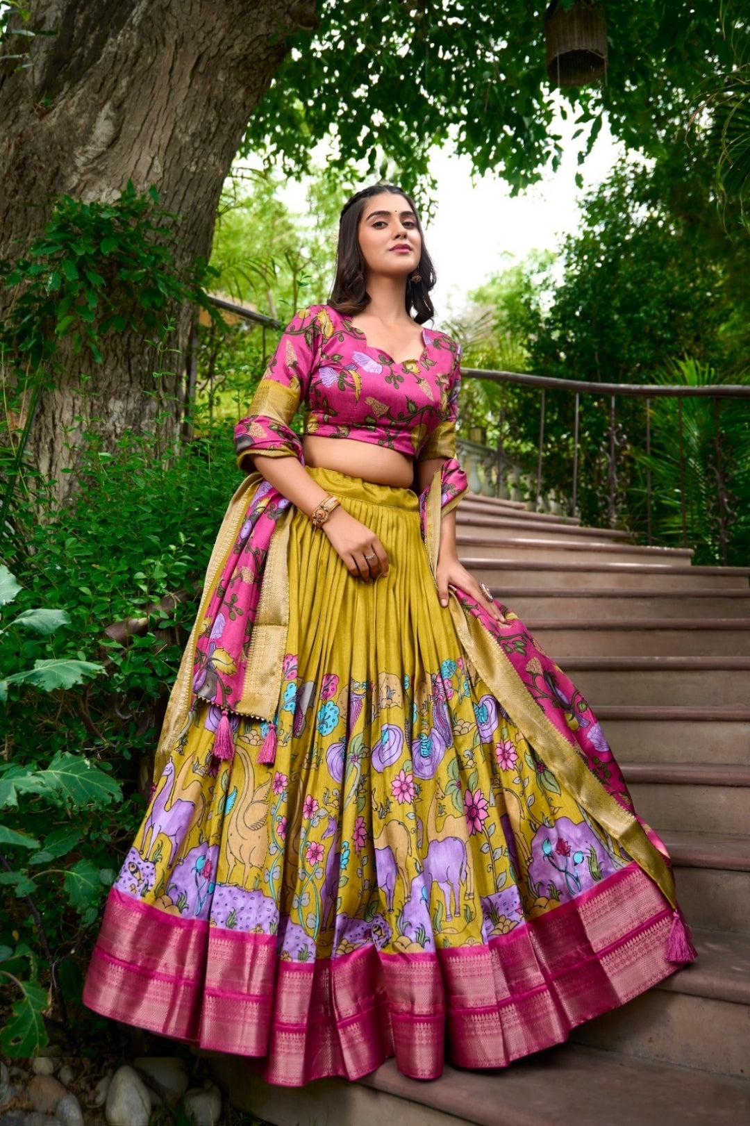 Women Multi Mustard Dola Silk Floral Print Leheng