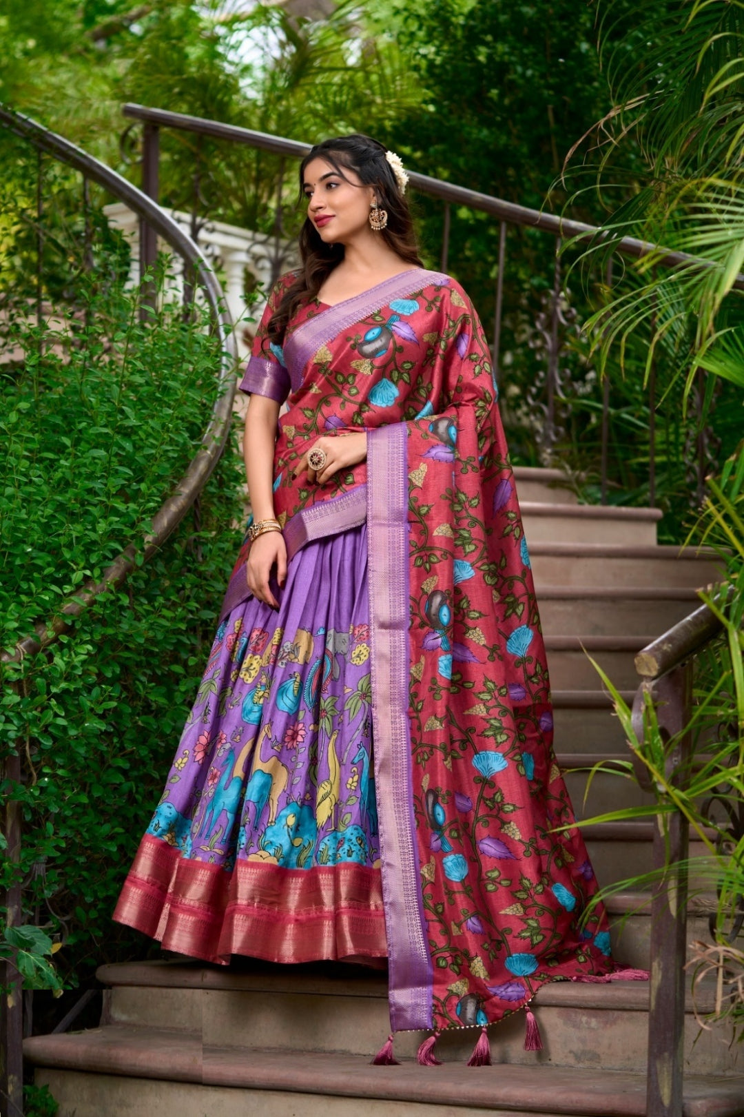 Women Multi Purple Dola Silk Floral Print Leheng