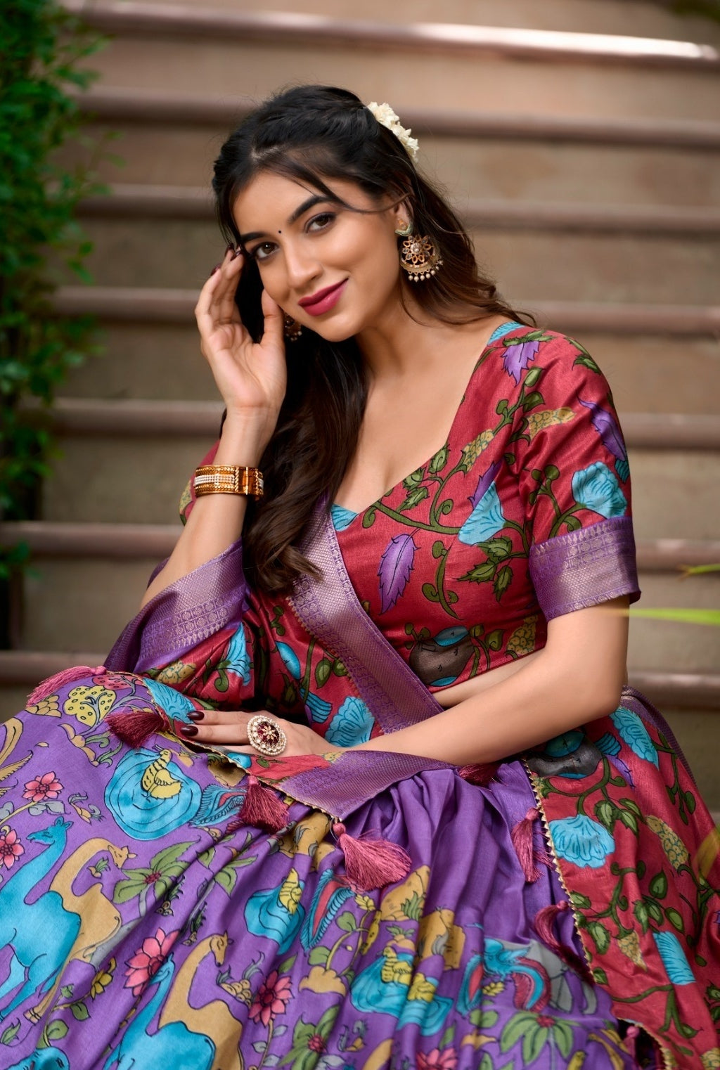 Women Multi Purple Dola Silk Floral Print Leheng
