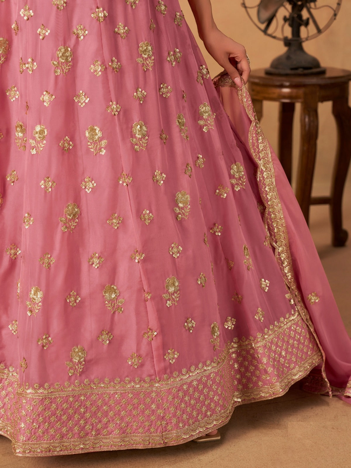 Women Pink Organza Traditional Lehenga