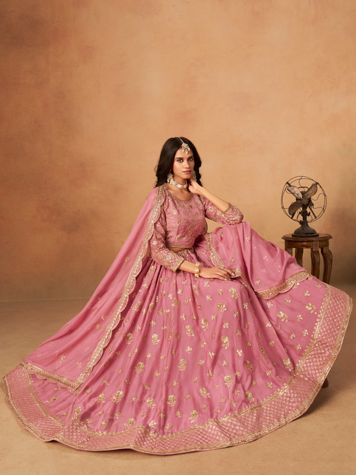 Women Pink Organza Traditional Lehenga