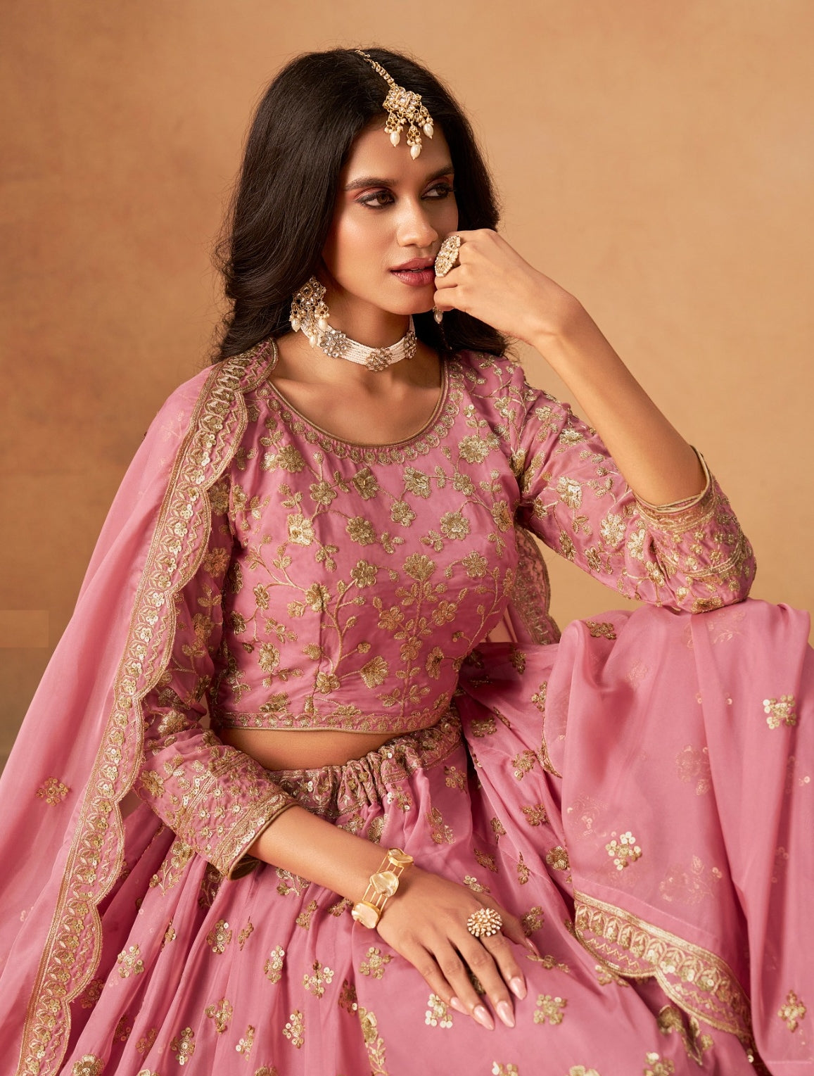 Women Pink Organza Traditional Lehenga