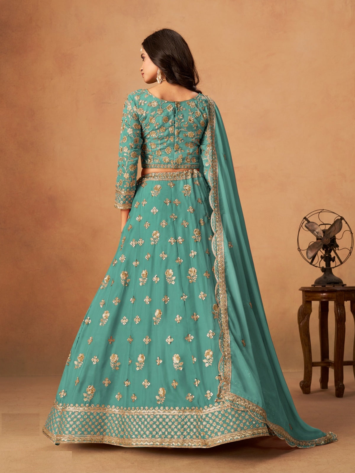 Women Blue Organza Traditional Lehenga