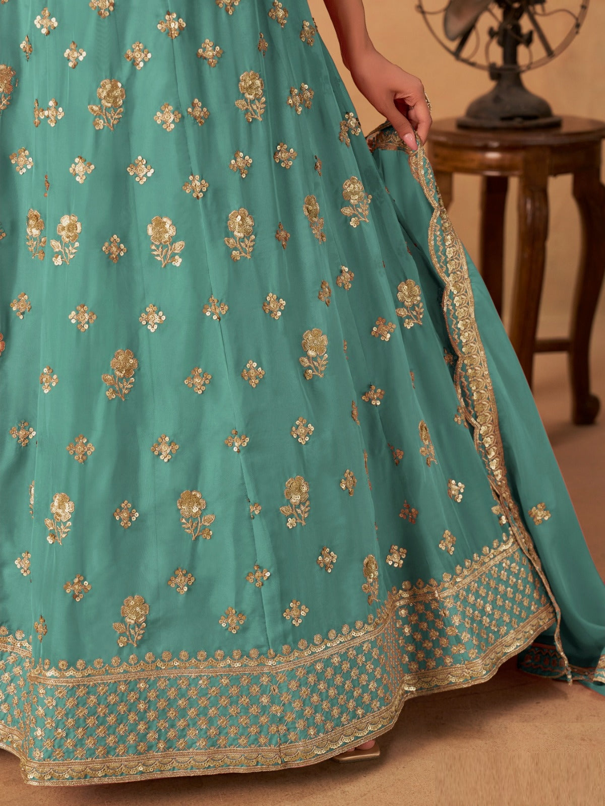 Women Blue Organza Traditional Lehenga