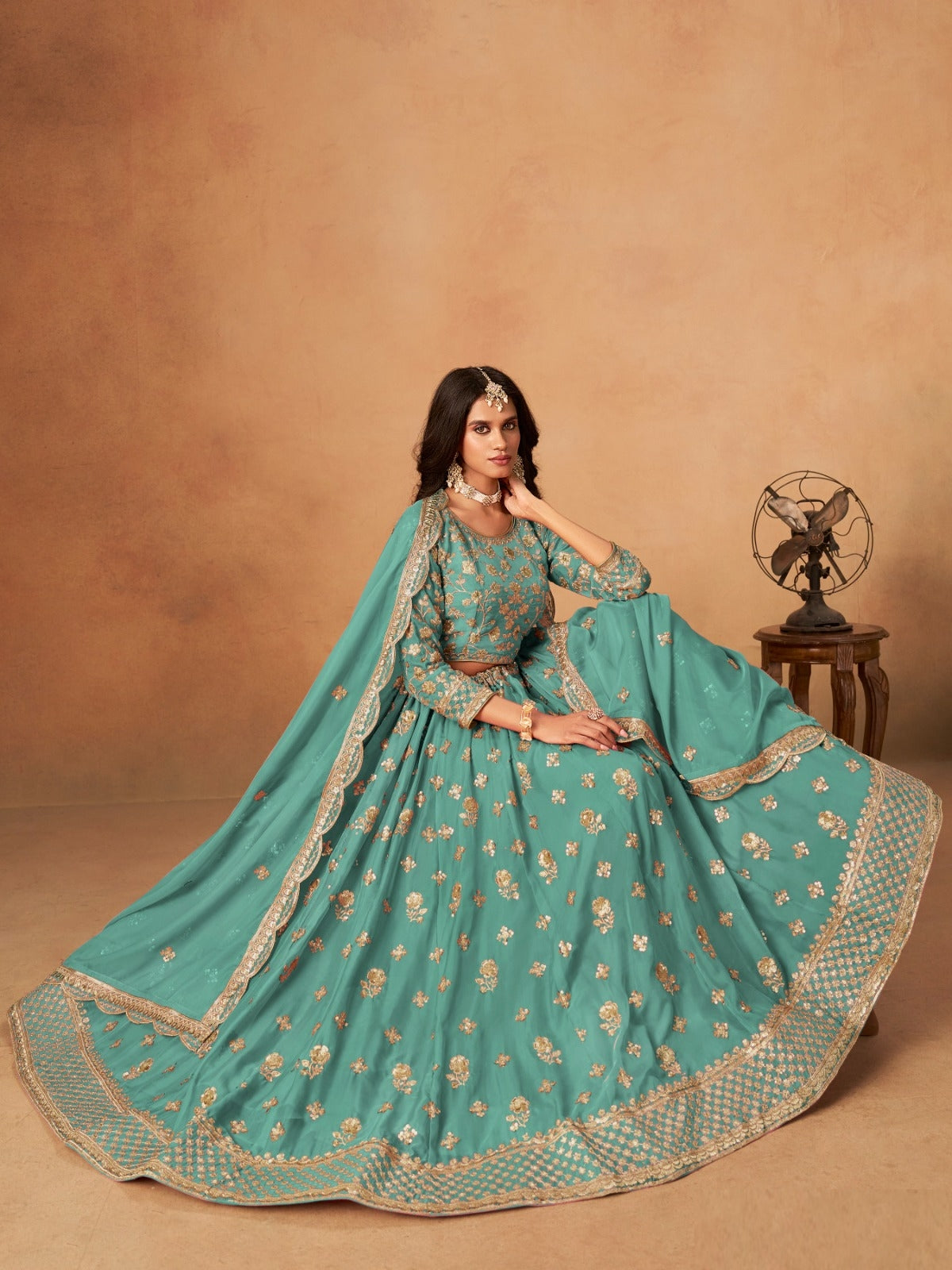 Women Blue Organza Traditional Lehenga
