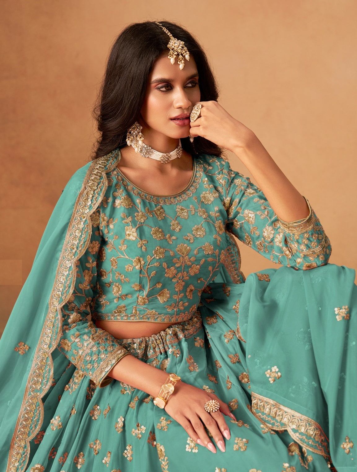 Women Blue Organza Traditional Lehenga