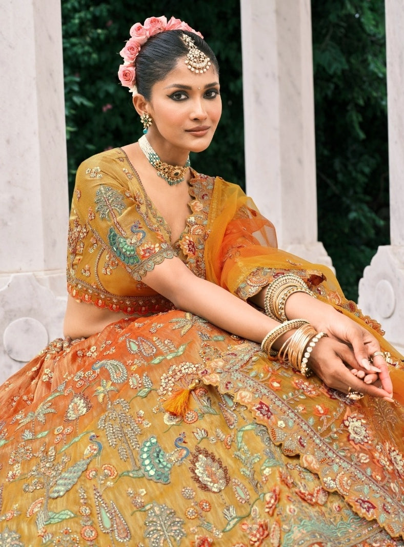 Effortless Orange Fancy Silk Bridal Lehenga