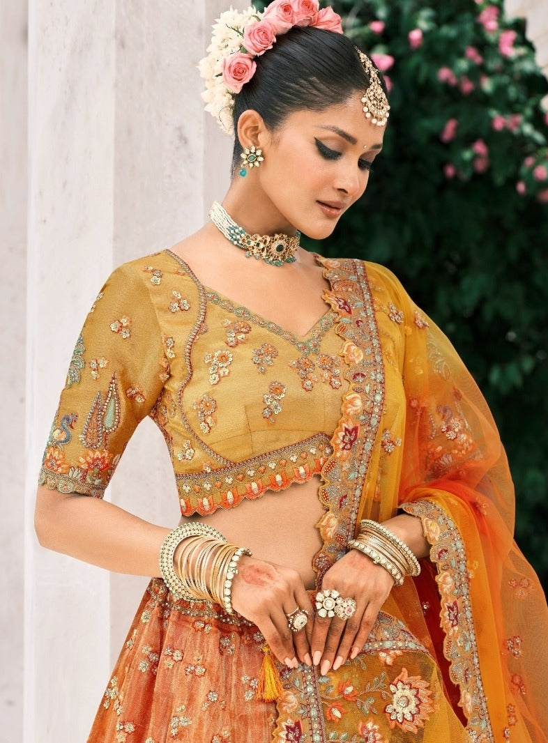 Effortless Orange Fancy Silk Bridal Lehenga