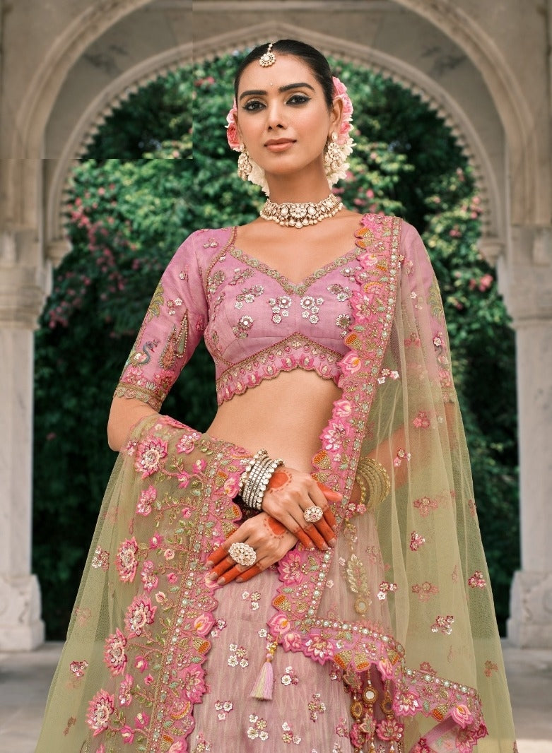 Flattering Pink Fancy Silk Bridal Lehenga