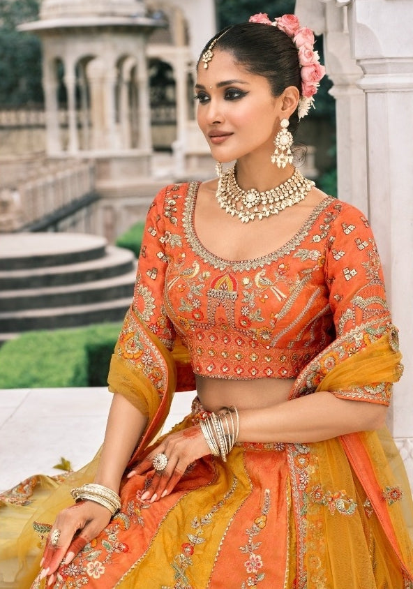 Statement-Making Orange Fancy Silk Bridal Lehenga