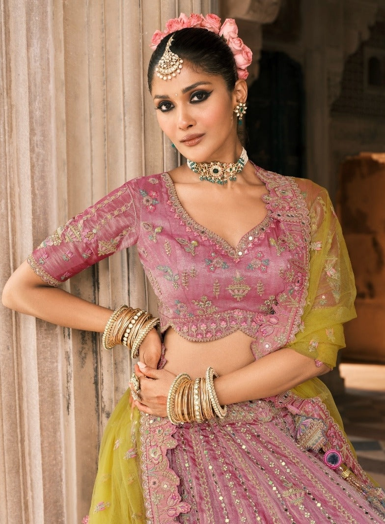 Beautiful Onion Pink Fancy Silk Bridal Lehenga