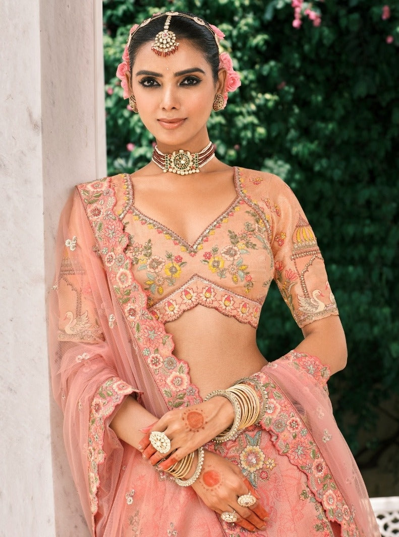 Gorgeous Peach Fancy Silk Bridal Lehenga