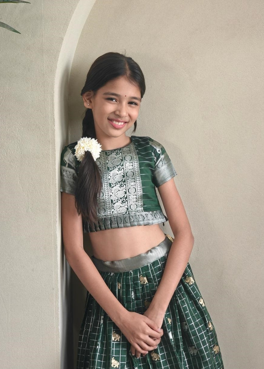 Lovely Bottle Green Soft Silk Kanchipuram Kids Lehenga