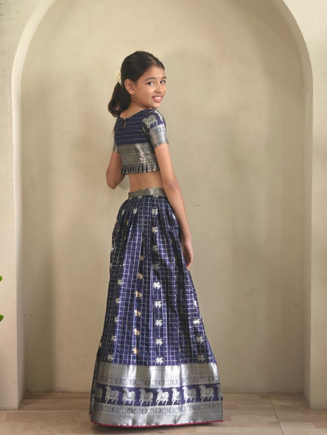 Exquisit Navy Blue Soft Silk Kanchipuram Kids Lehenga