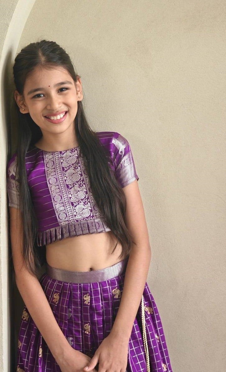 Spectacular Purple Soft Silk Kanchipuram Kids Lehenga