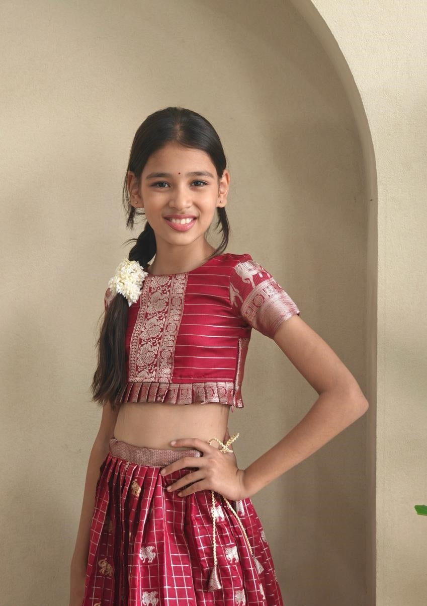 Pretty Maroon Soft Silk Kanchipuram Kids Lehenga