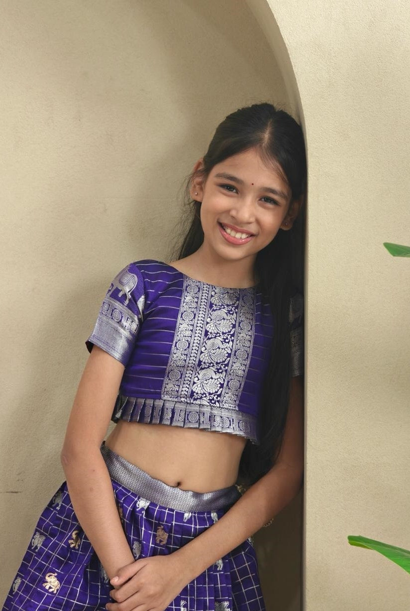 Charming Royal Blue Soft Silk Kanchipuram Kids Lehenga