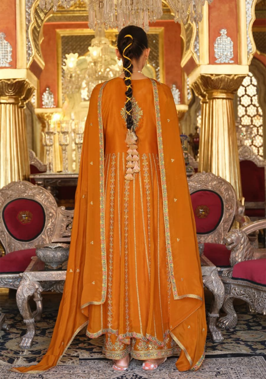 Women Orange Heavy Chinon Palazzo Bottom Suit Set