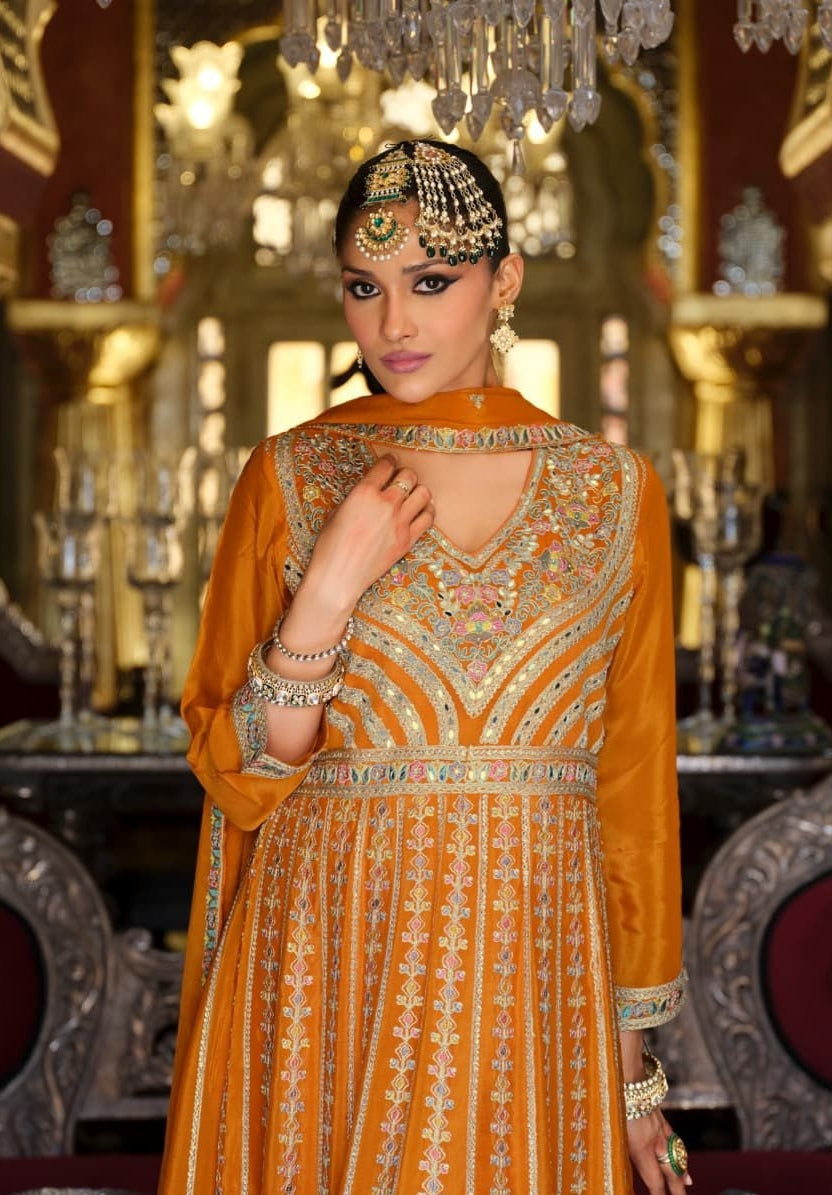 Women Orange Heavy Chinon Palazzo Bottom Suit Set
