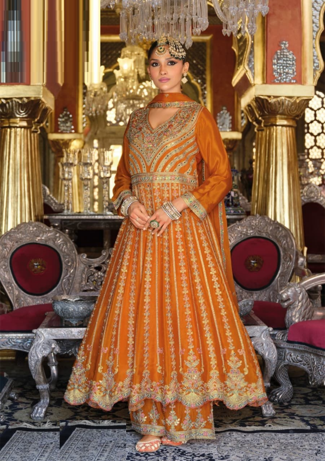 Women Orange Heavy Chinon Palazzo Bottom Suit Set