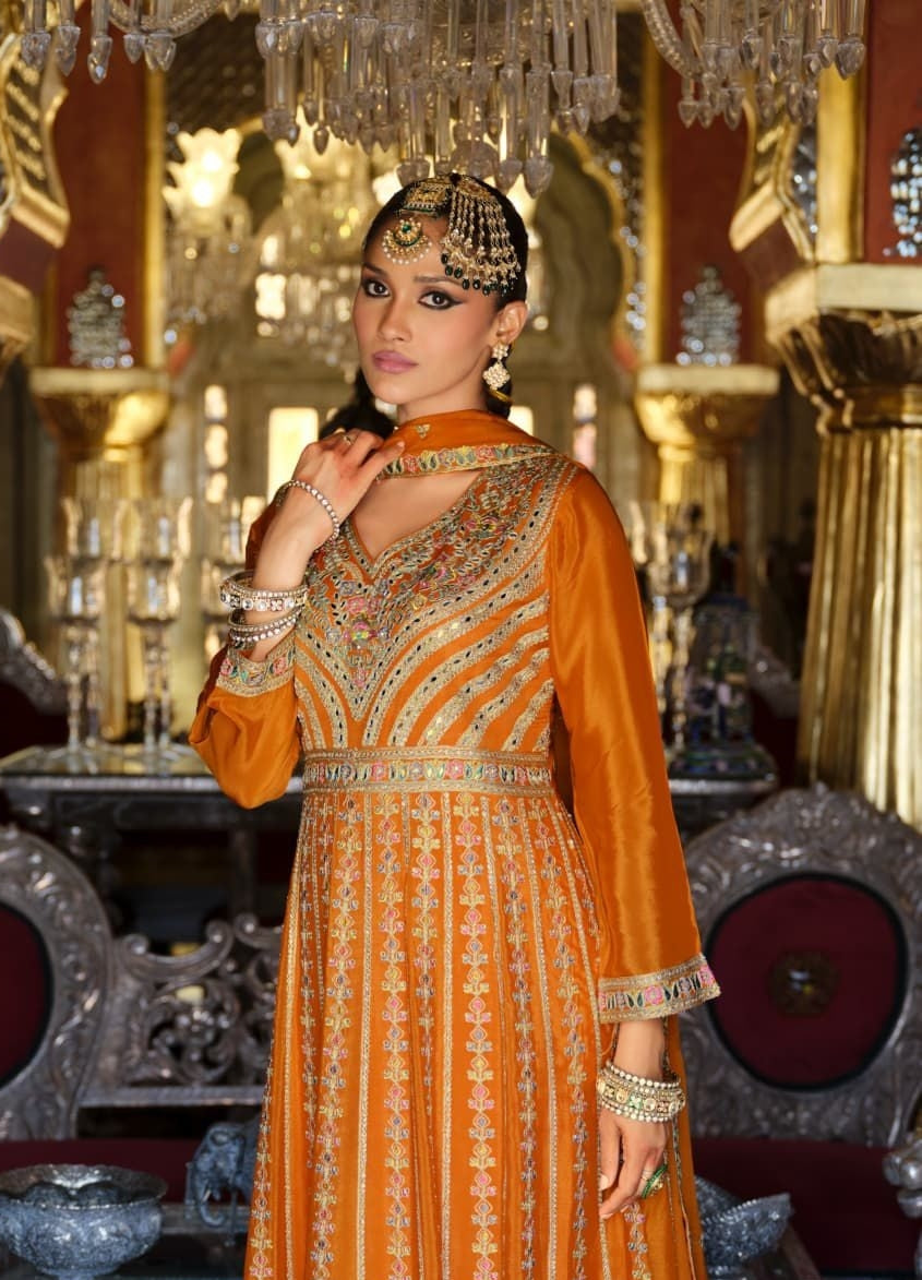 Women Orange Heavy Chinon Palazzo Bottom Suit Set