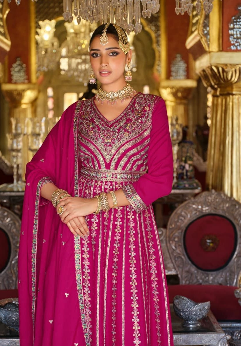 Women Pink Heavy Chinon Palazzo Bottom Suit Set