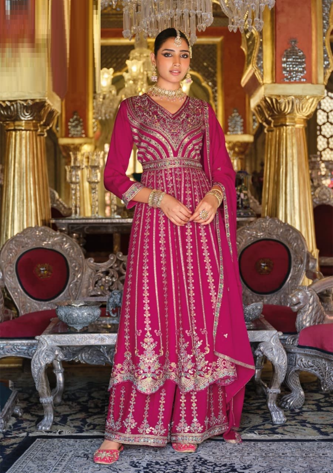 Women Pink Heavy Chinon Palazzo Bottom Suit Set