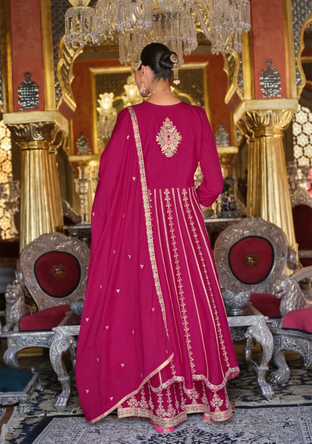 Women Pink Heavy Chinon Palazzo Bottom Suit Set
