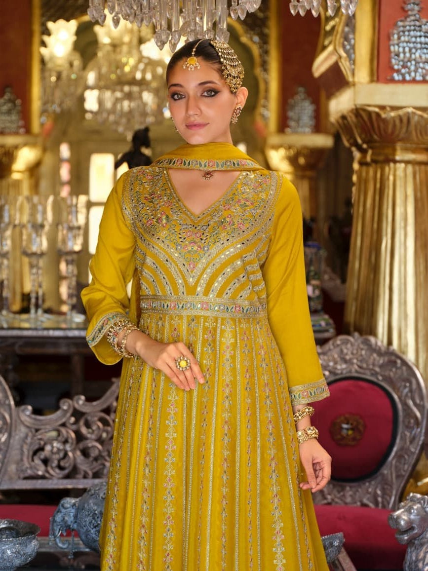 Women Mustard Heavy Chinon Palazzo Bottom Suit Set