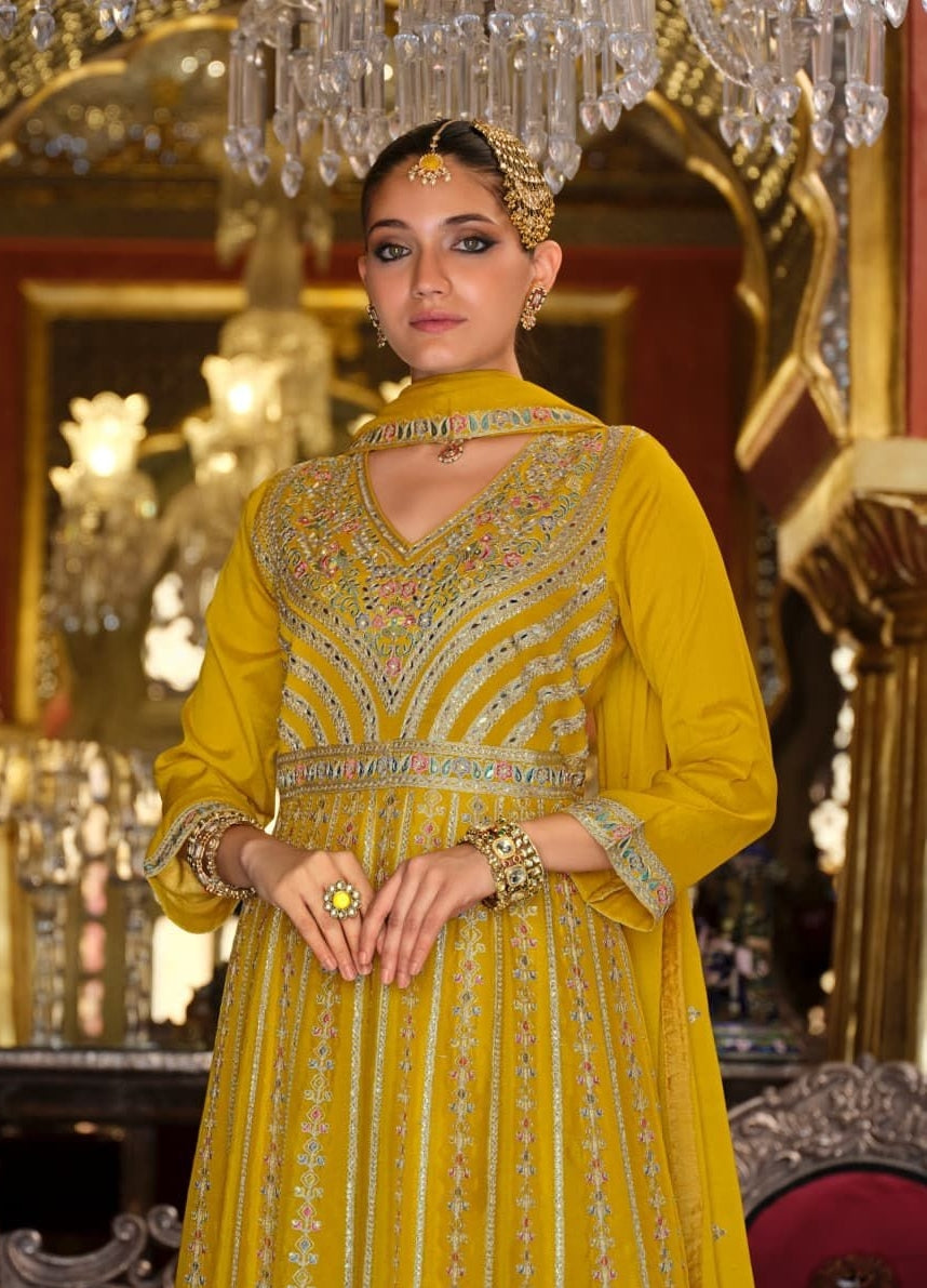 Women Mustard Heavy Chinon Palazzo Bottom Suit Set