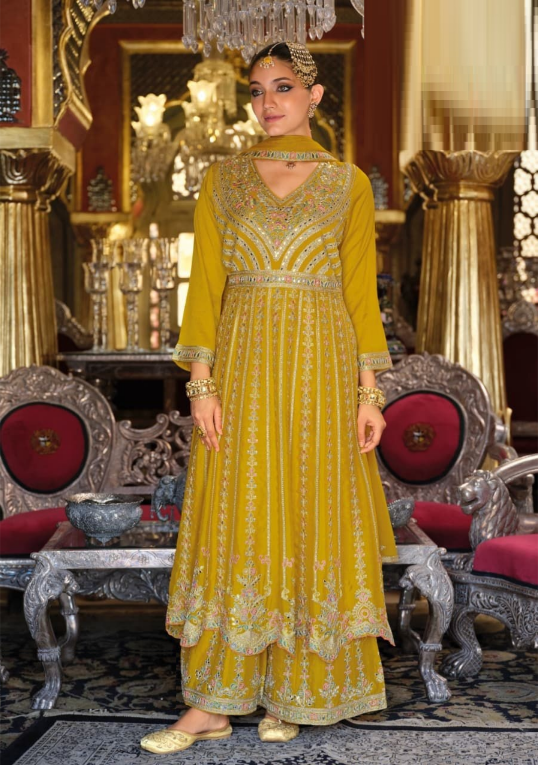 Women Mustard Heavy Chinon Palazzo Bottom Suit Set