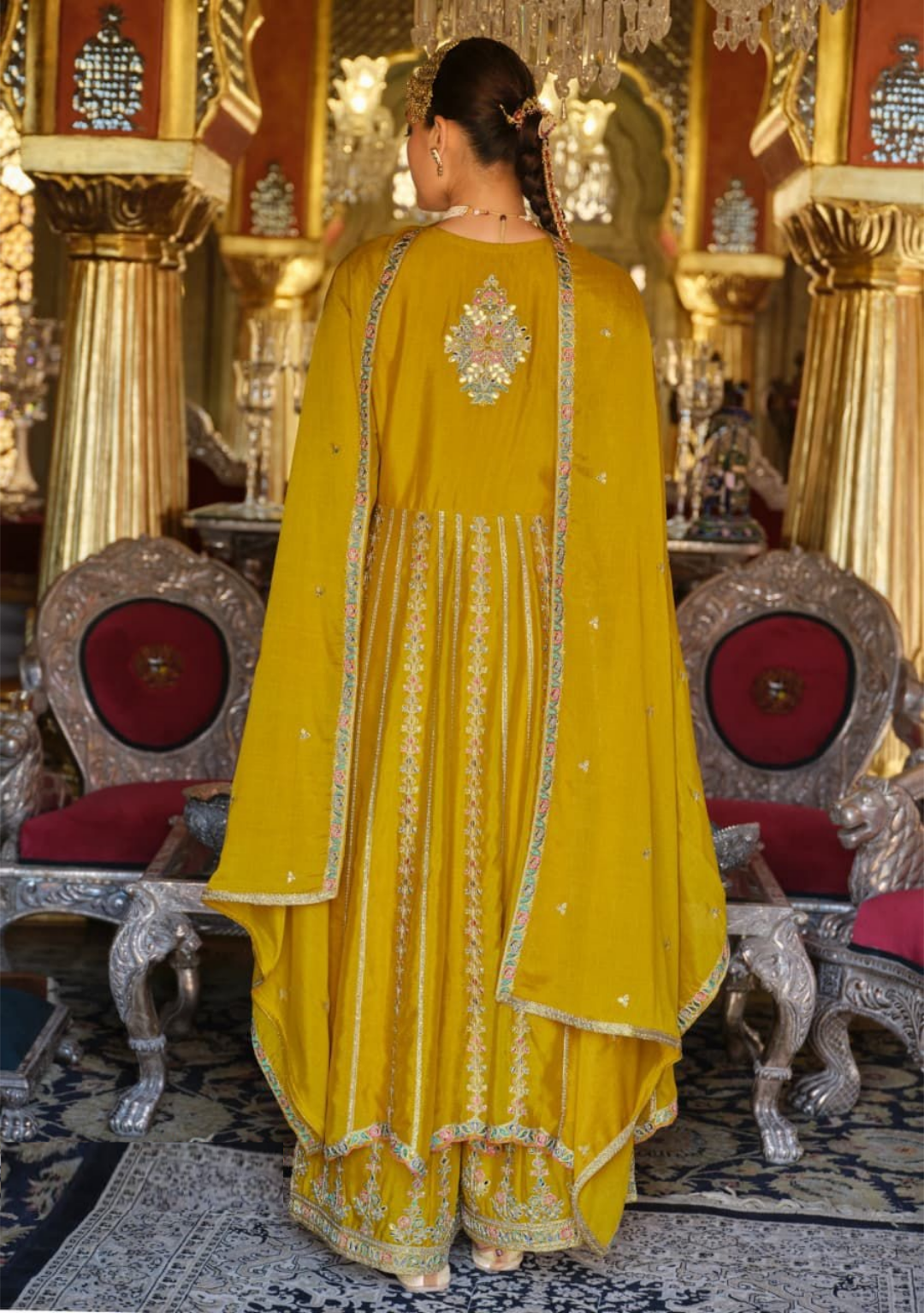 Women Mustard Heavy Chinon Palazzo Bottom Suit Set