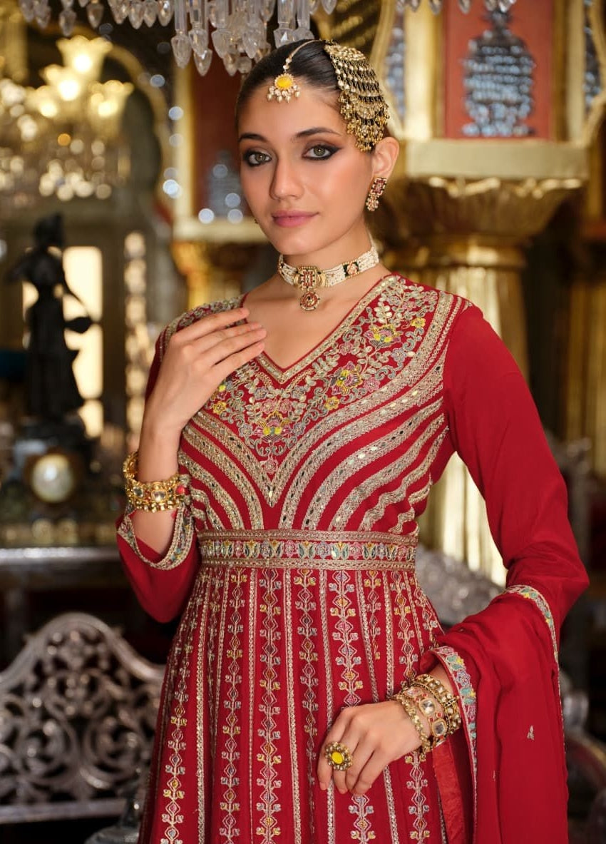 Women Maroon Heavy Chinon Palazzo Bottom Suit Set