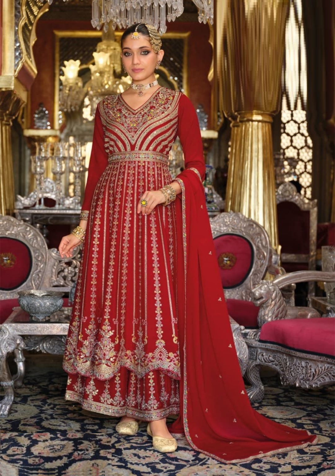 Women Maroon Heavy Chinon Palazzo Bottom Suit Set