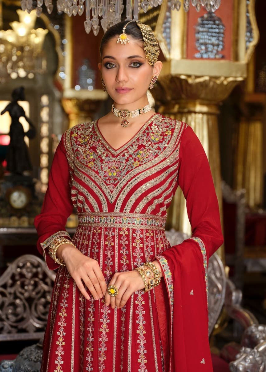 Women Maroon Heavy Chinon Palazzo Bottom Suit Set