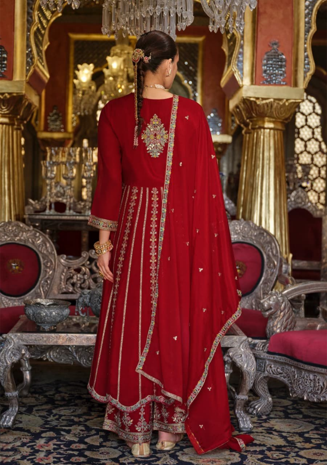 Women Maroon Heavy Chinon Palazzo Bottom Suit Set