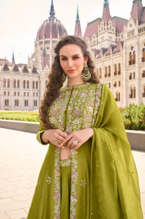 Amazing Green Silk Front Slit Salwar Suit Set