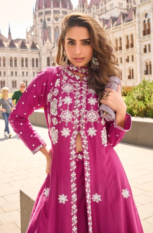Beautiful Pink Silk Front Slit Salwar Suit Set