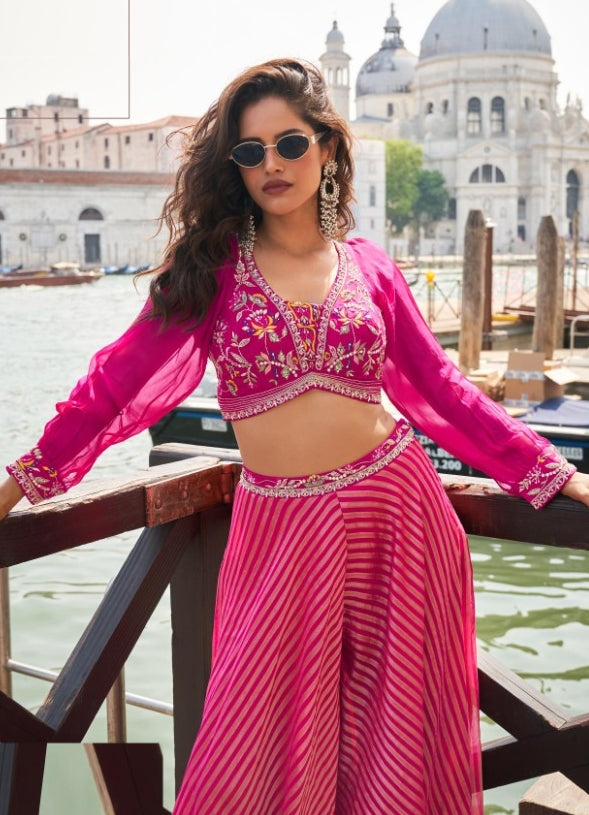 Women Pink Viscose Jacquard Silk With Embroidery Work Indo Western Outfit Dress