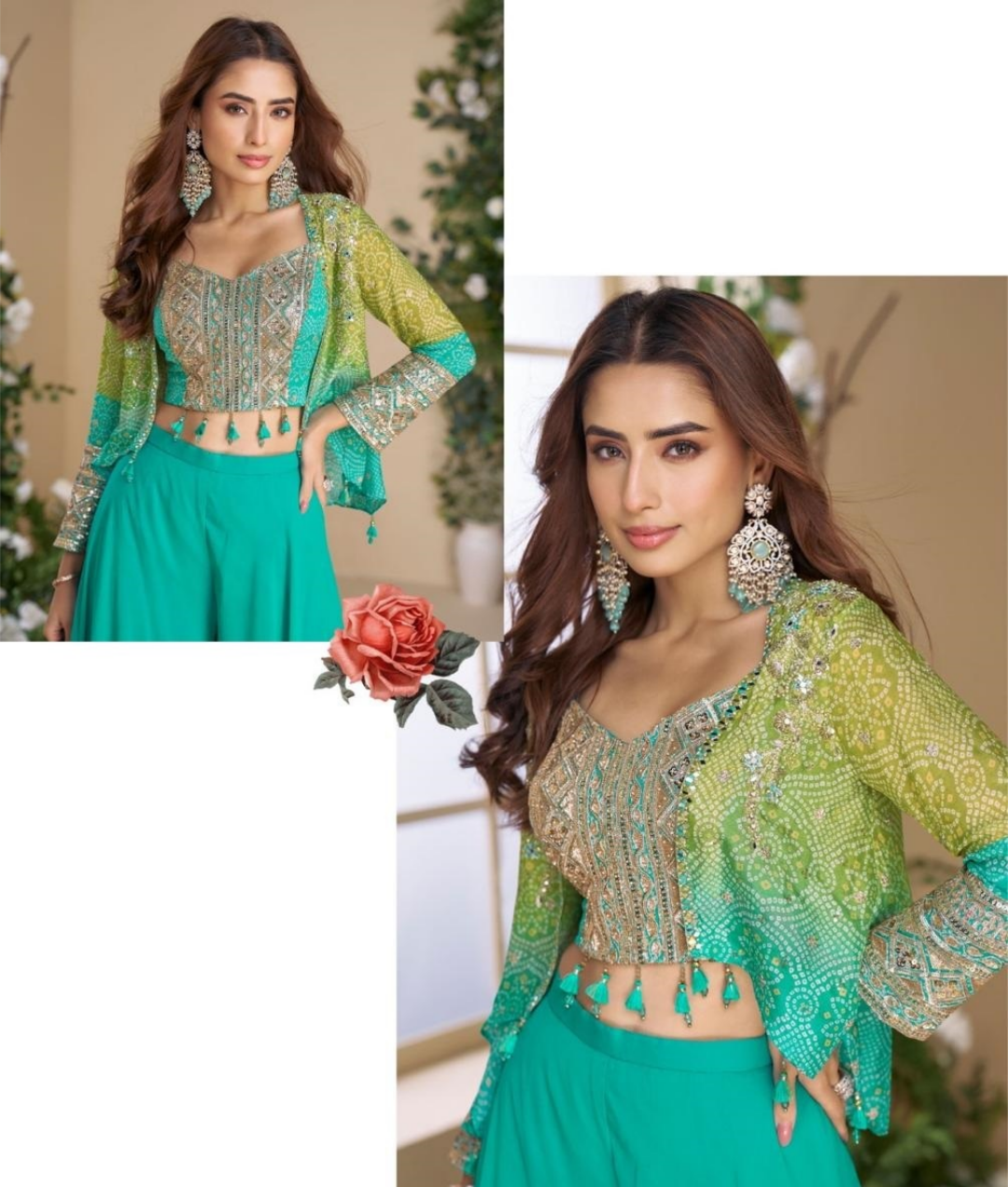 Women Teal Real Chinon Silk Indo Western Outfit Dress