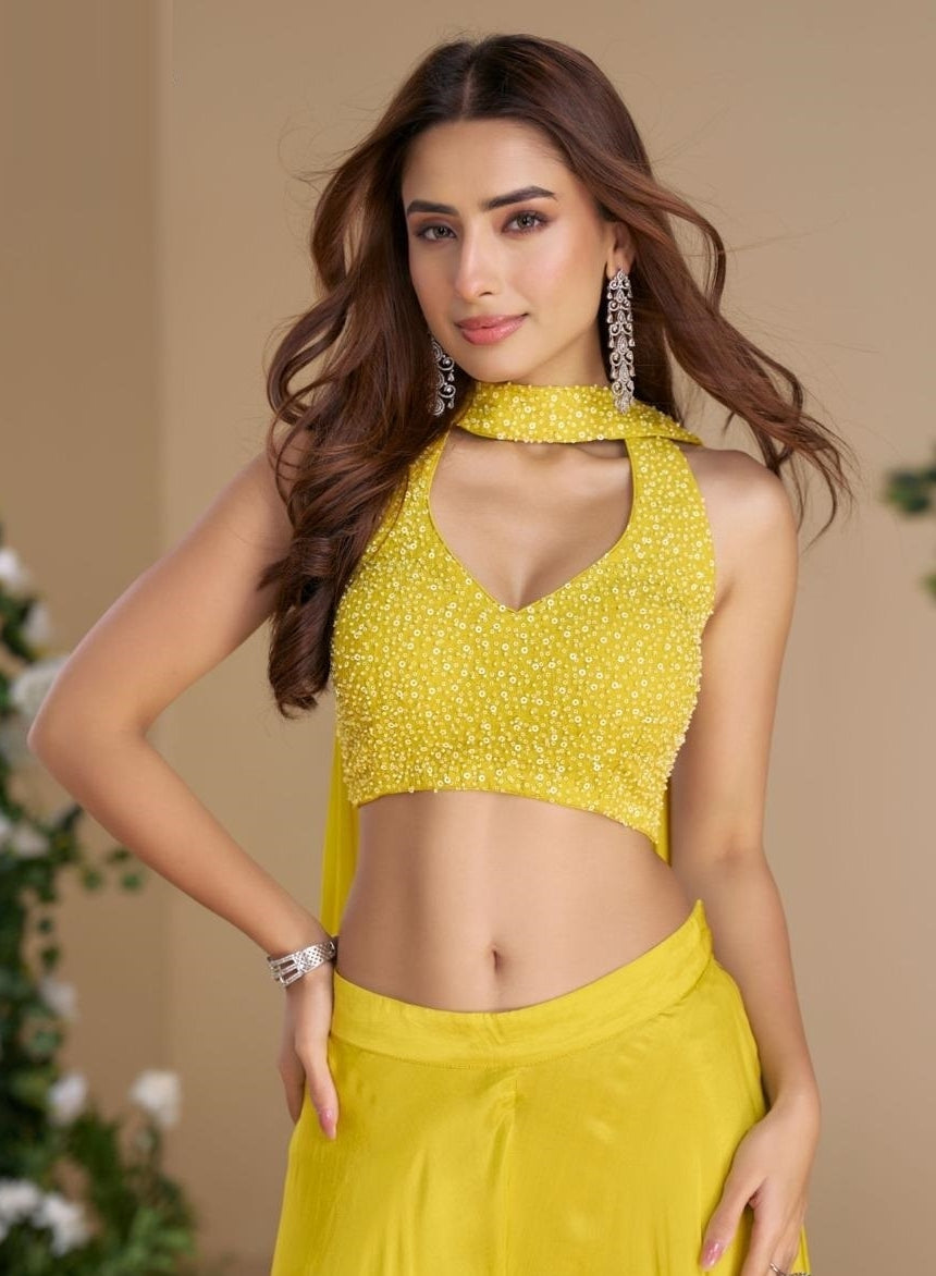 Women Yellow Real Chinon Silk Indo Western Outfit Dress
