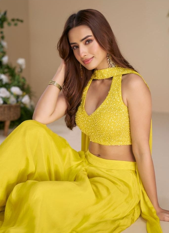 Women Yellow Real Chinon Silk Indo Western Outfit Dress