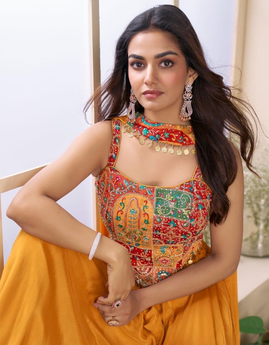 Women Mustard Real Chinon Silk Indo Western Outfit Dress